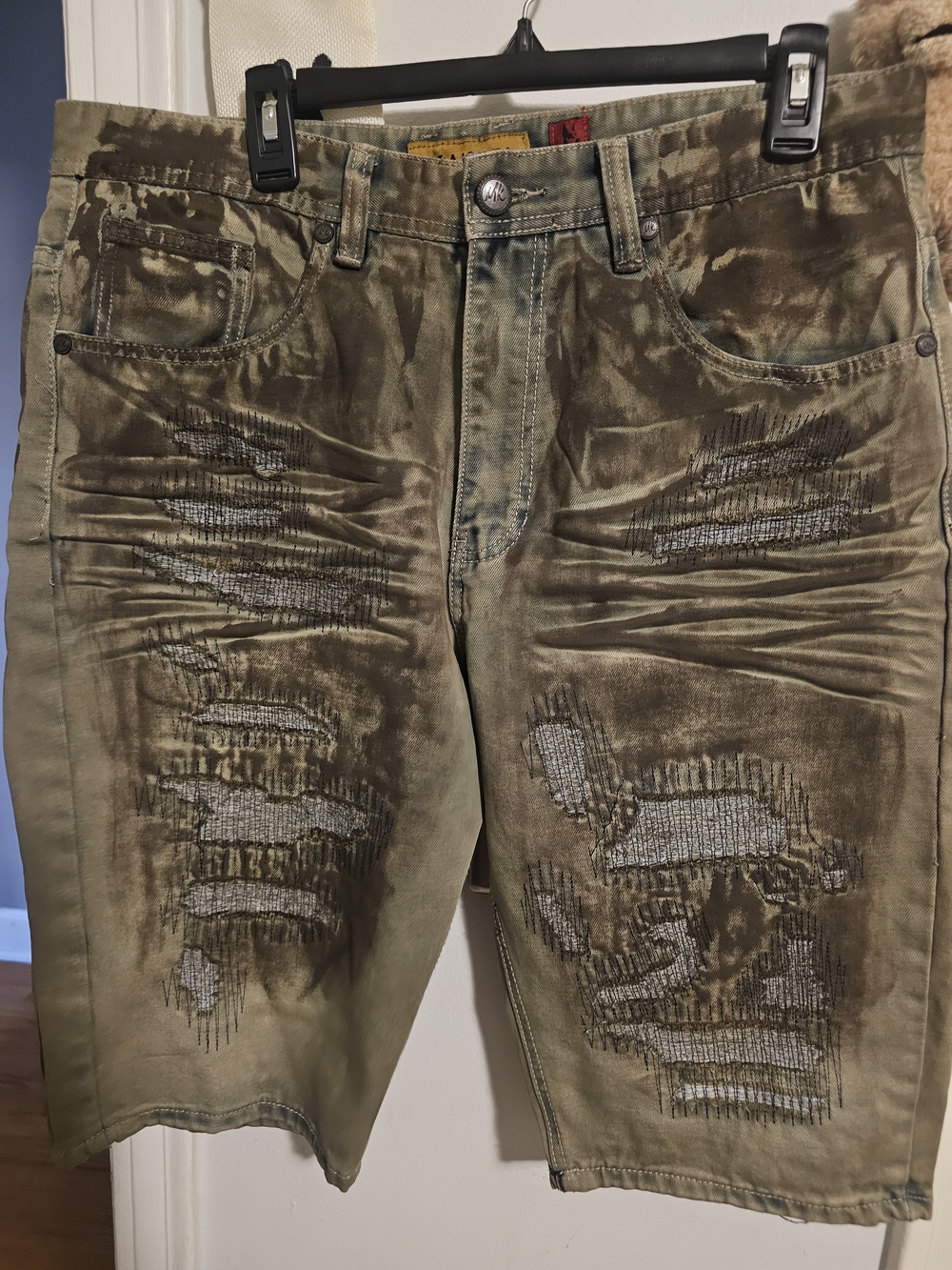 Distressed Olive Green Denim Shorts